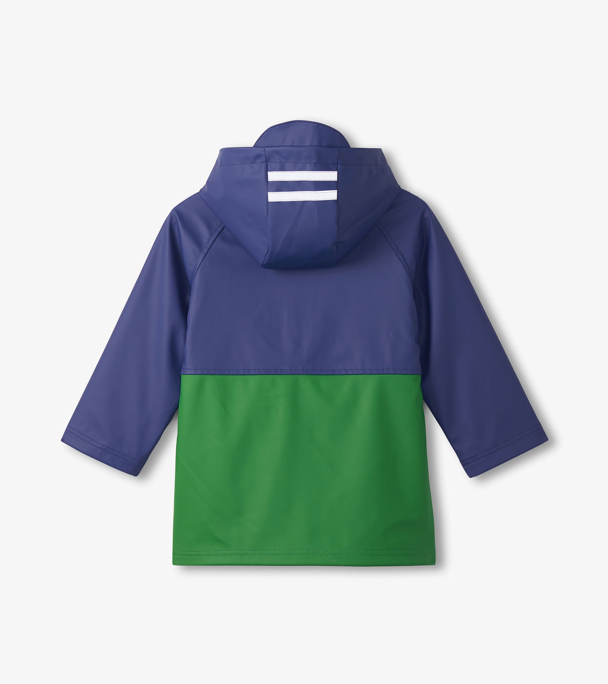 Back view of navy and green colorblock kids raincoat with hood and long sleeves