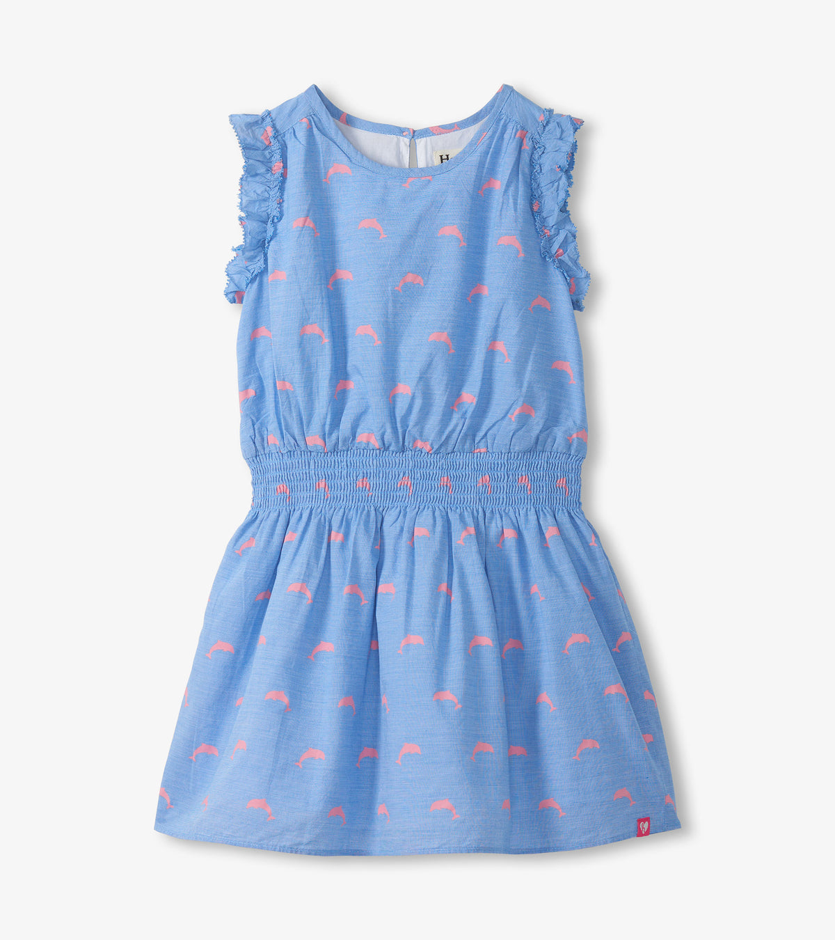Front view of girls blue dress with pink dolphin print, ruffled cap sleeves, and smocked waist