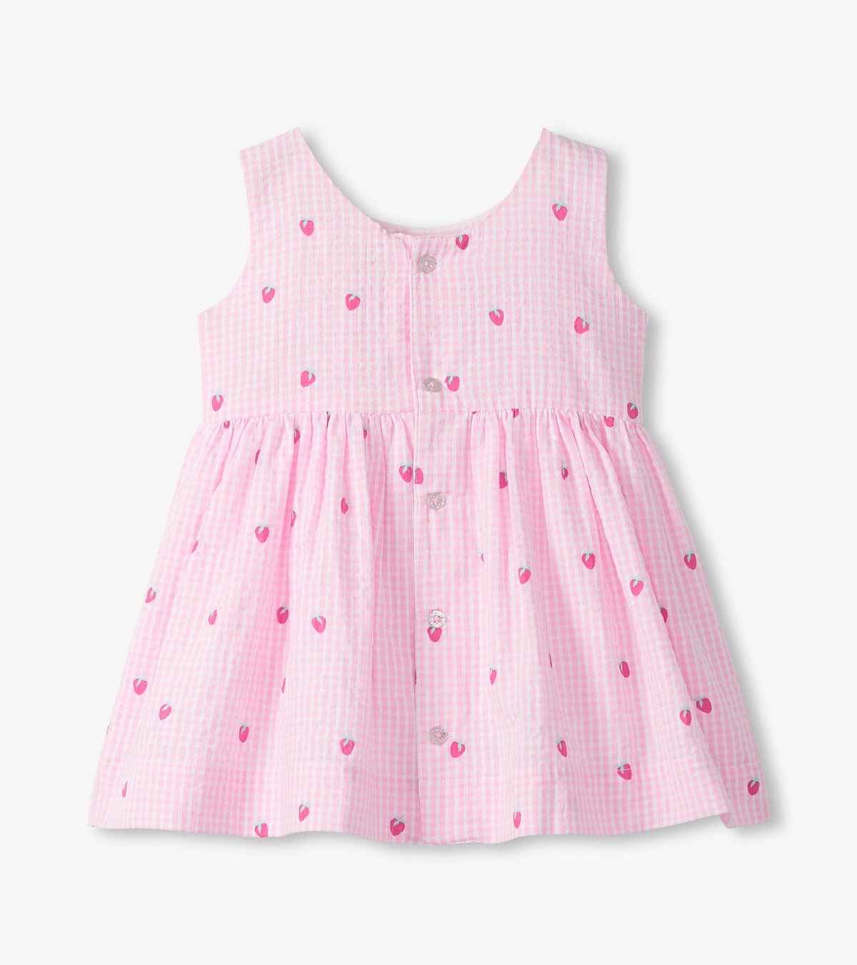 Back view of pink and white gingham sleeveless dress with button closure and strawberry embroidery