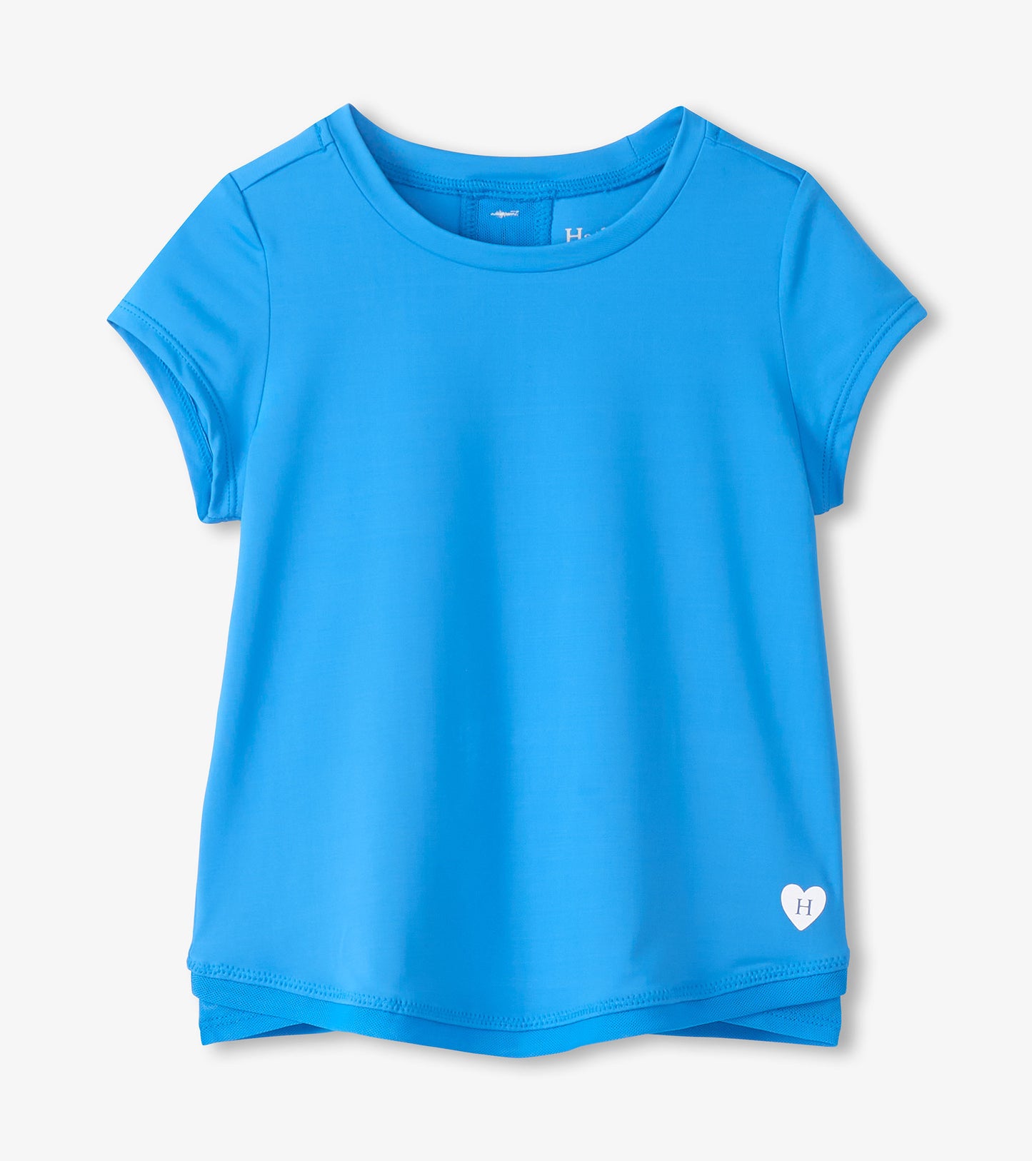 Blue short-sleeve girls T-shirt with mesh trim, crew neck, and small heart logo at hem, front view