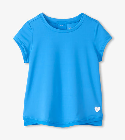 Blue short-sleeve girls T-shirt with mesh trim, crew neck, and small heart logo at hem, front view