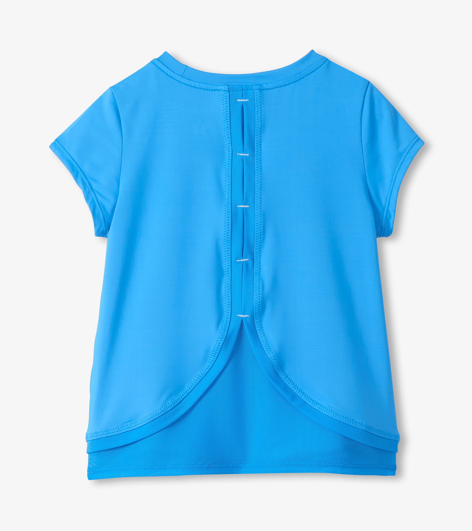 Blue girls short-sleeve T-shirt with mesh trim and a back keyhole opening, front view