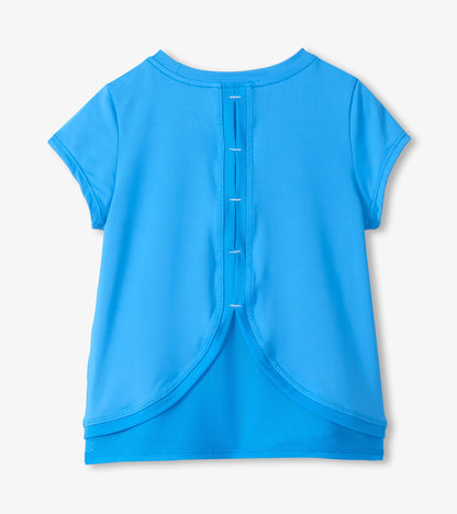 Blue girls short-sleeve T-shirt with mesh trim and a back keyhole opening, front view