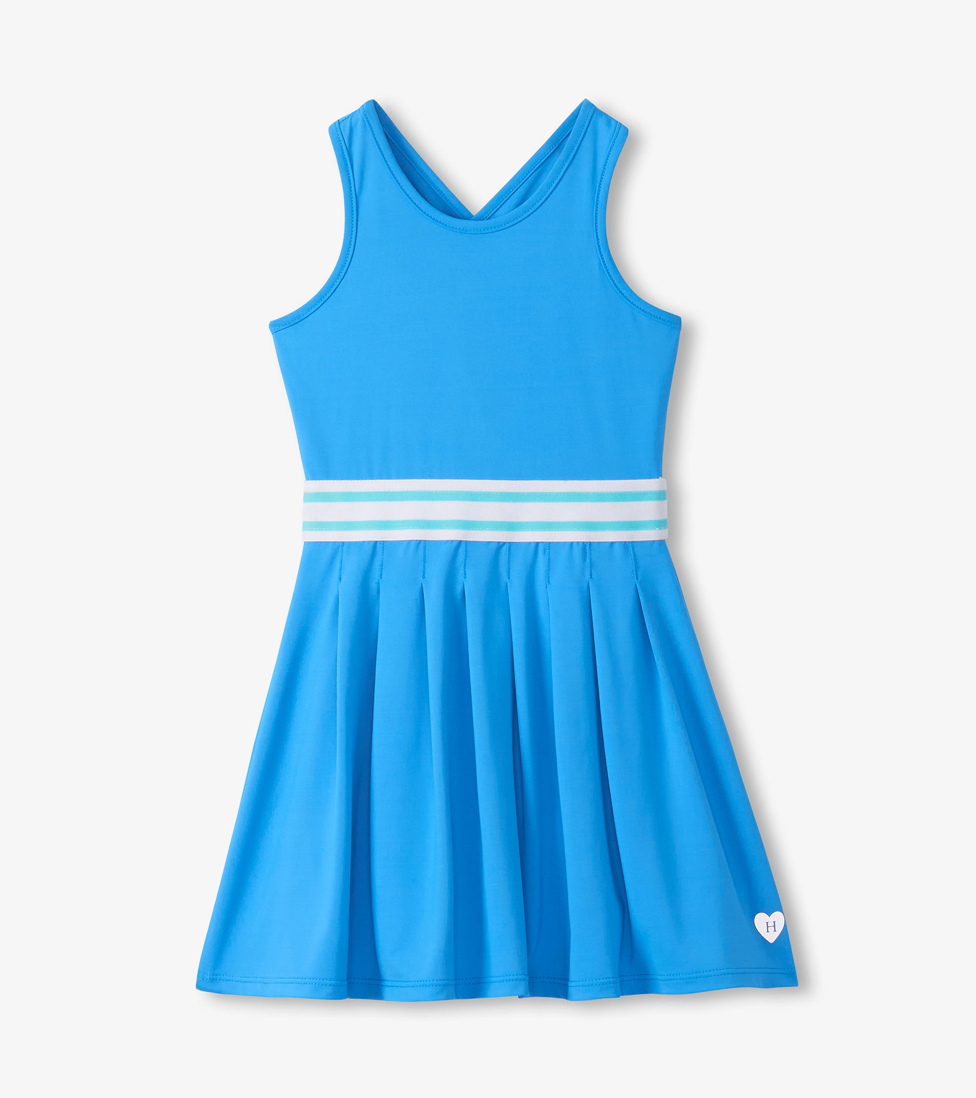 Blue sleeveless girls active dress with pleated skirt and striped waistband, front view