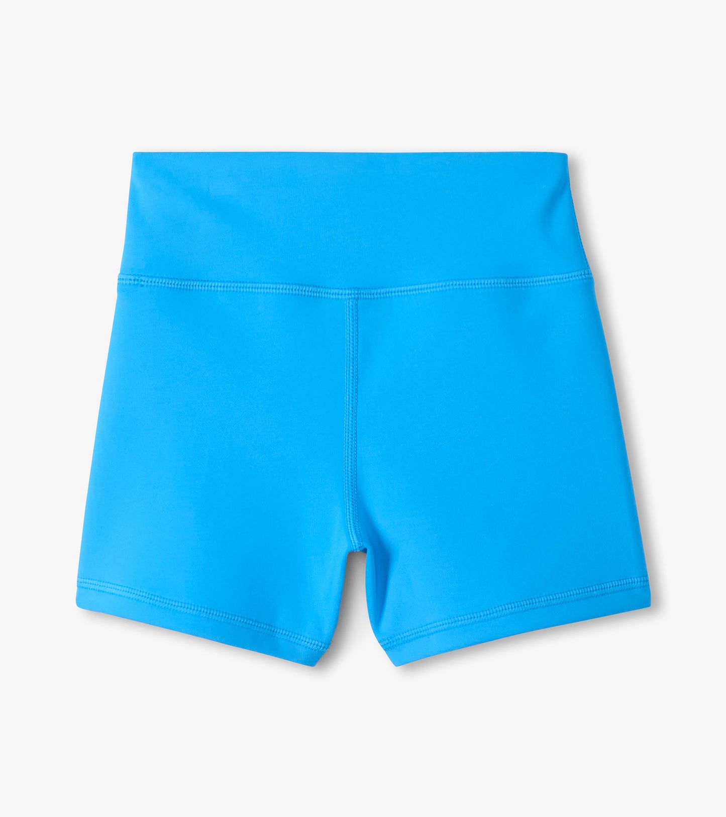 Bright blue girls' active shorts with a high waistband, front view