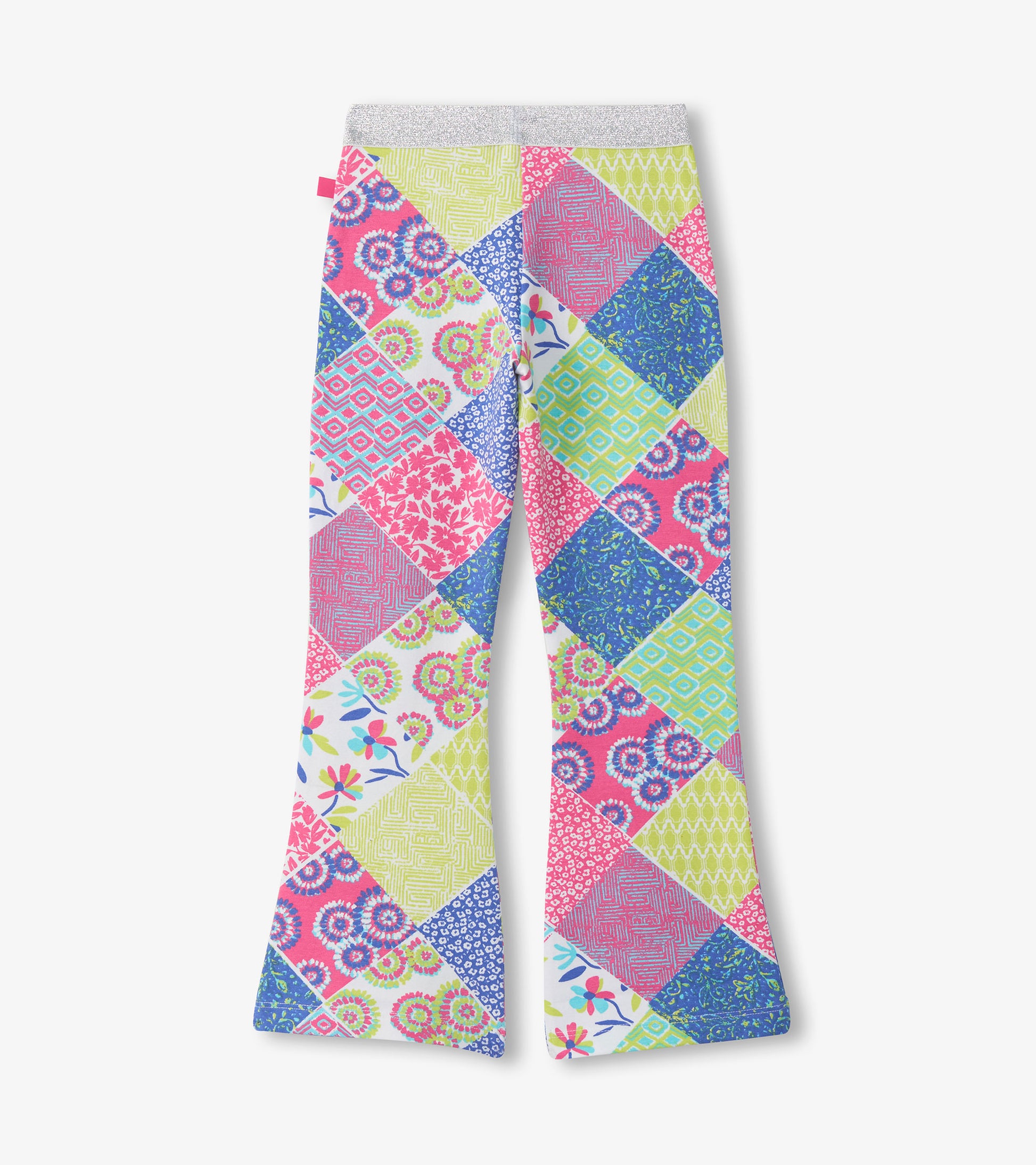 Girls multicolor patchwork stretch bell-bottom pants with flared legs and silver waistband
