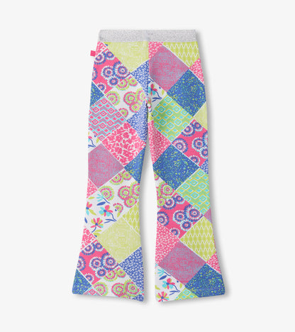 Girls multicolor patchwork stretch bell-bottom pants with flared legs and silver waistband