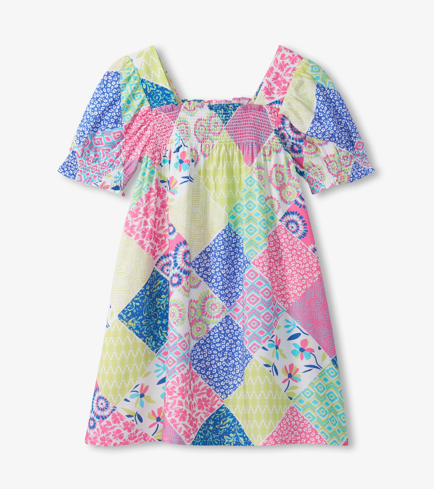 Girls patchwork smocked dress with pink, blue and green print, square neckline and short puff sleeves