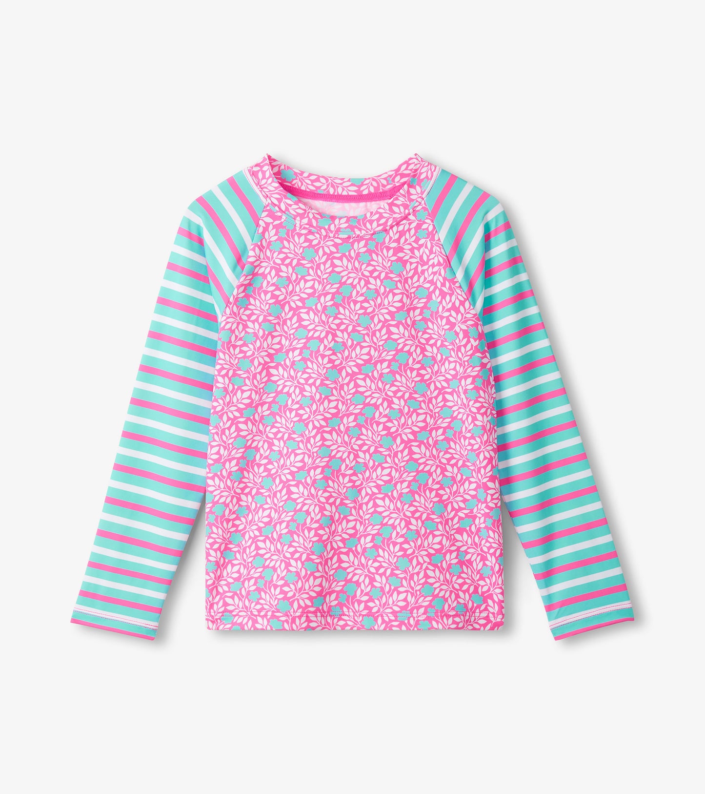 Girls pink floral long sleeve rashguard with aqua and white striped sleeves, front view