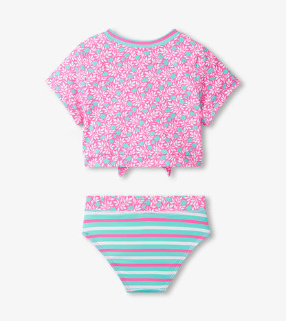 Girls Pink Floral Stripes Tie-Front Two-Piece Swimsuit