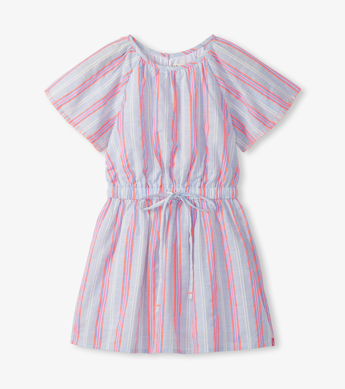 Girls light blue striped woven dress with short flutter sleeves and drawstring waist, front view