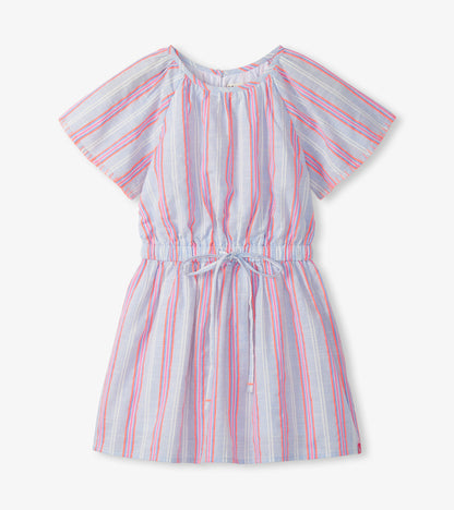 Girls light blue striped woven dress with short flutter sleeves and drawstring waist, front view