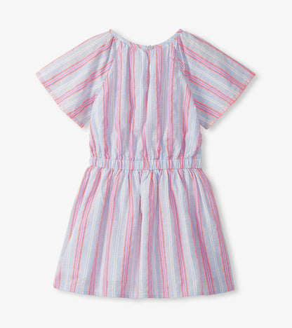 Girls light blue striped woven dress with short flutter sleeves and gathered waist, front view