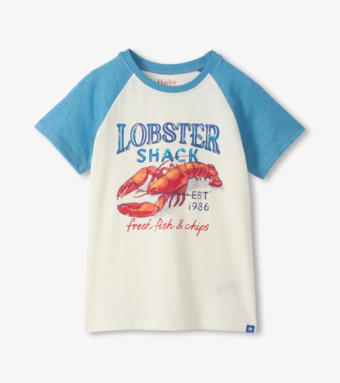 White and blue boys raglan T-shirt with lobster graphic and “Lobster Shack” text, front view
