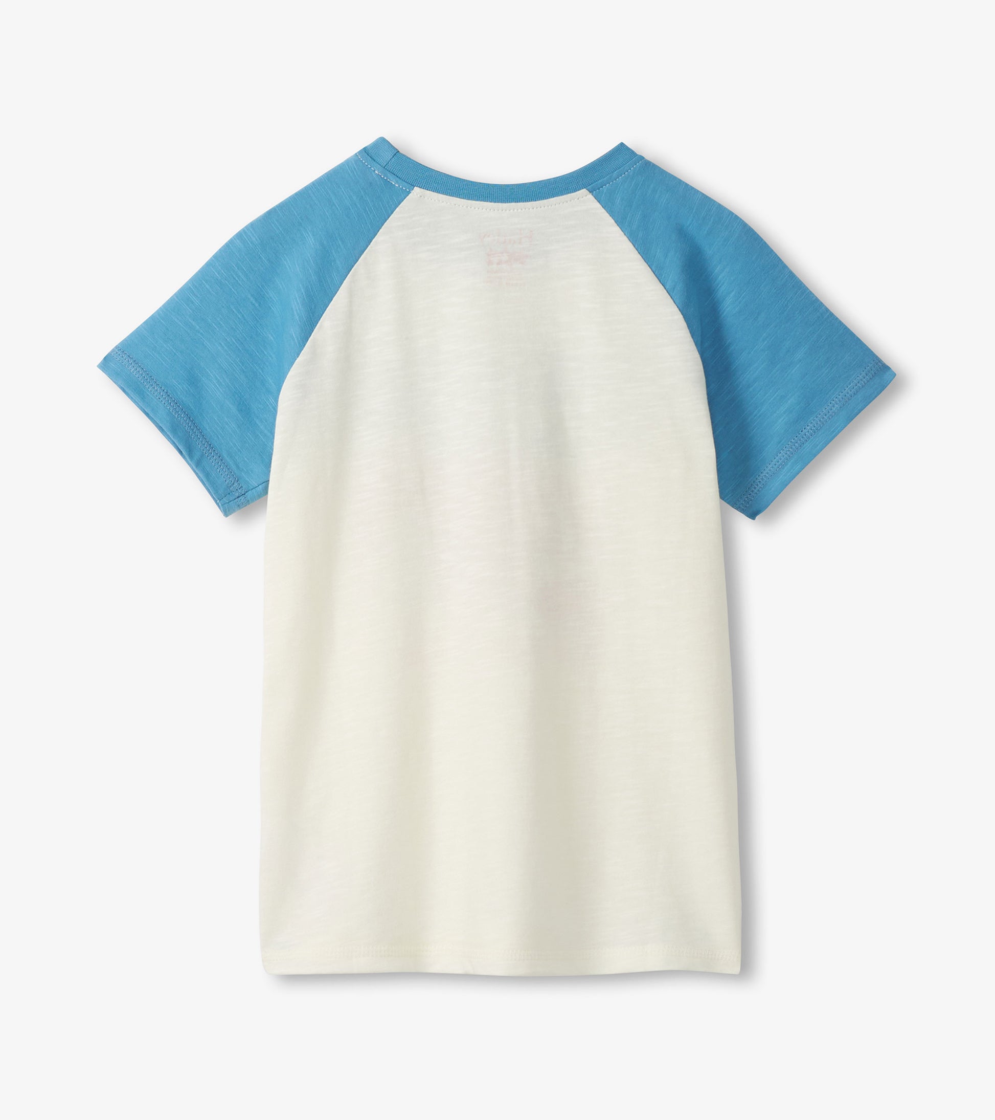 White and blue boys raglan T-shirt, back view, short sleeves, crew neck