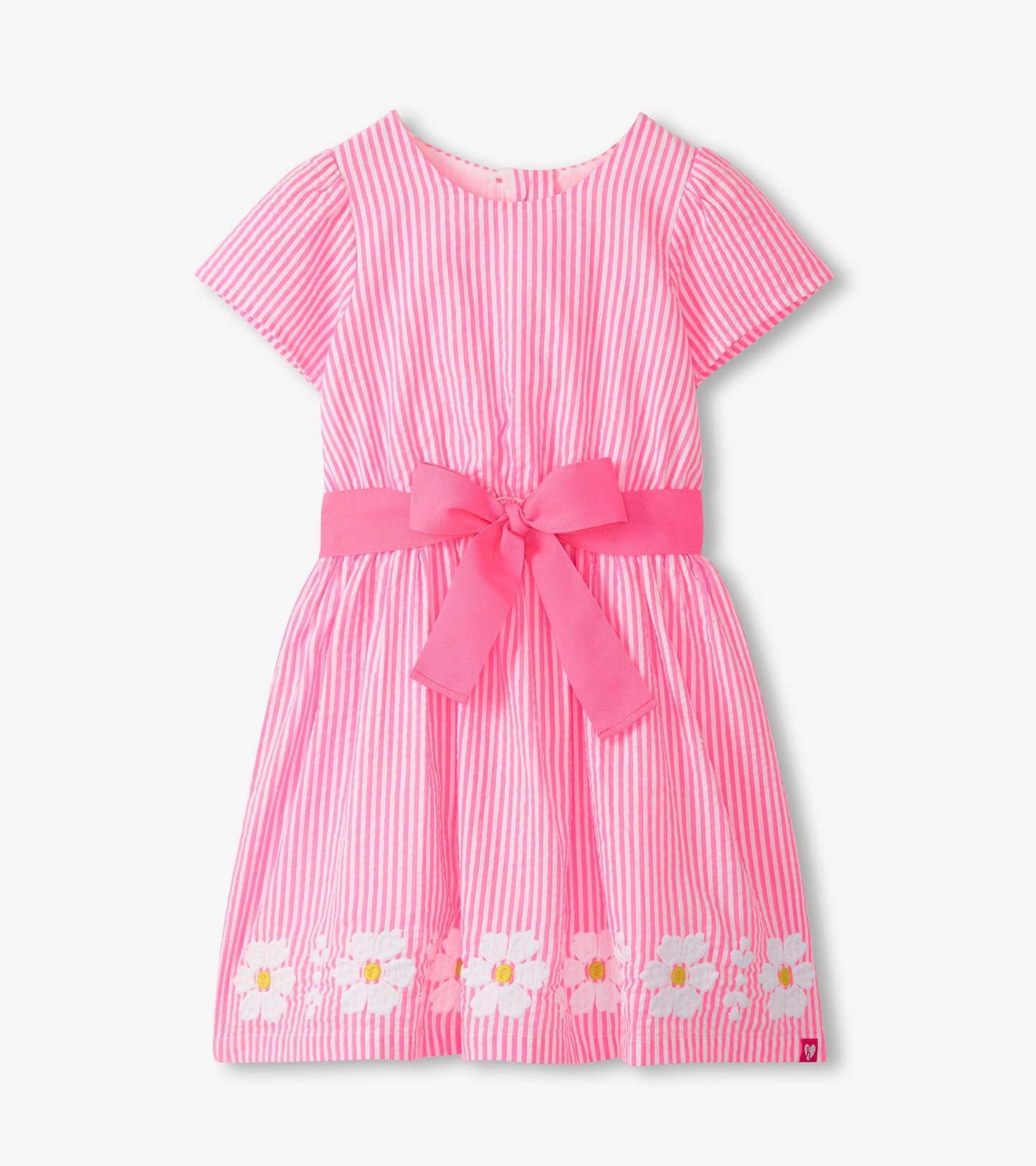 Girls pink and white striped dress with short sleeves, scoop neckline, waist bow, and daisy hem trim
