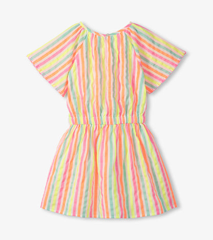 Girls multicolor vertical striped woven dress with short flutter sleeves and gathered waist, front view