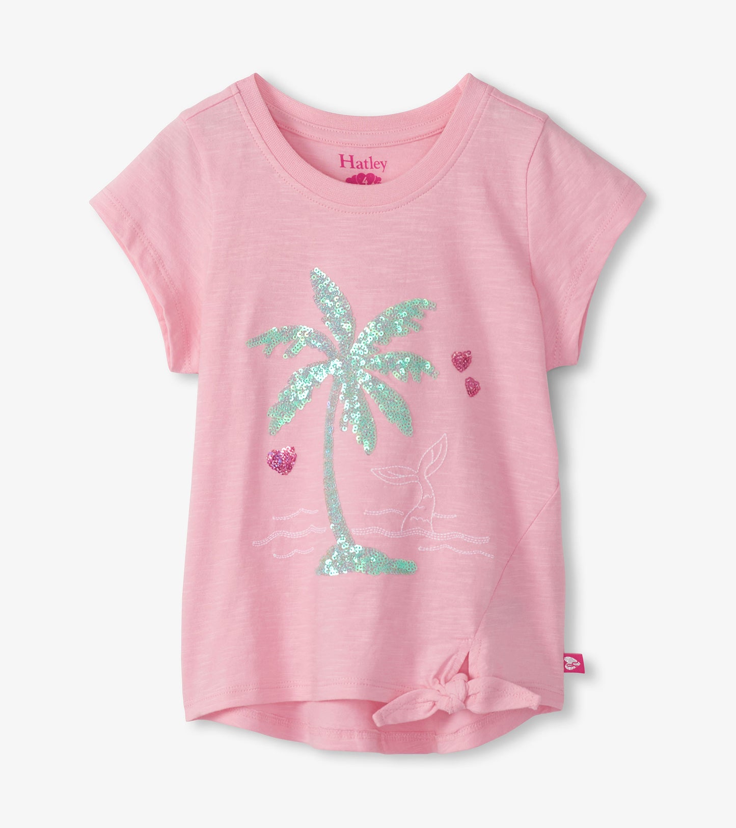 Pink girls tie-front T-shirt with short sleeves and a sequined palm tree graphic on the front