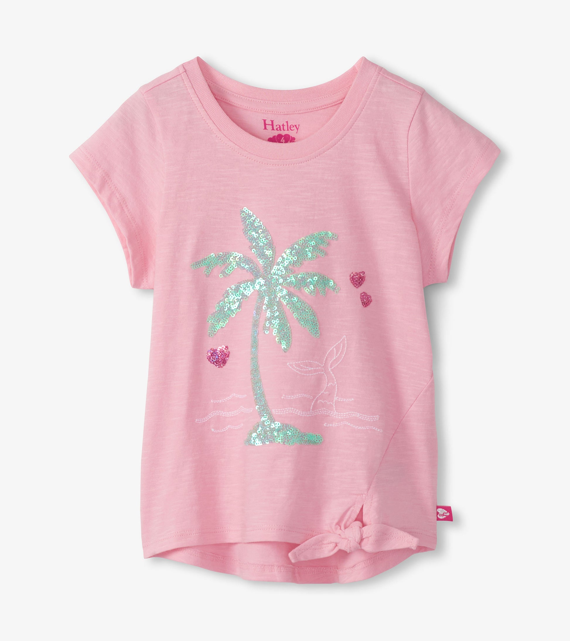 Pink girls tie-front T-shirt with short sleeves and a sequined palm tree graphic on the front
