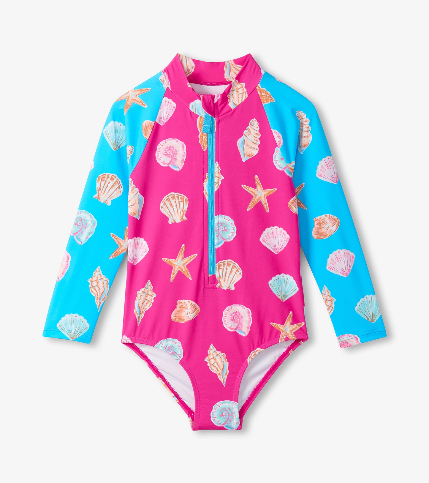 Girls long-sleeve one-piece rashguard swimsuit with pink and blue seashell and starfish print, front view