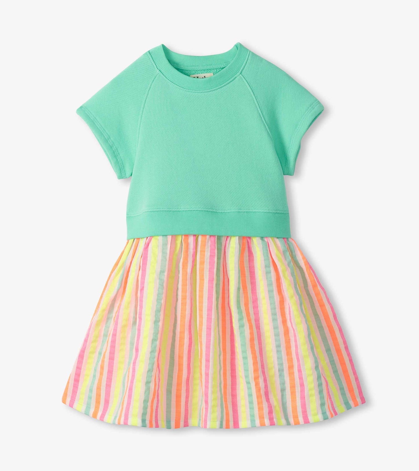 Girls mint short-sleeve dress with solid top and multicolor vertical striped skirt, front view