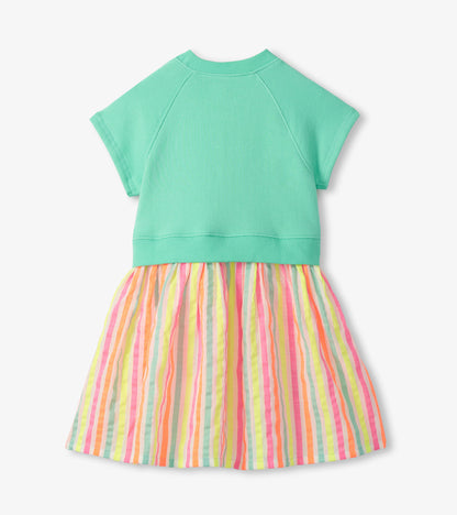 Girls mint green dress with short sleeves and multicolor vertical striped skirt, back view