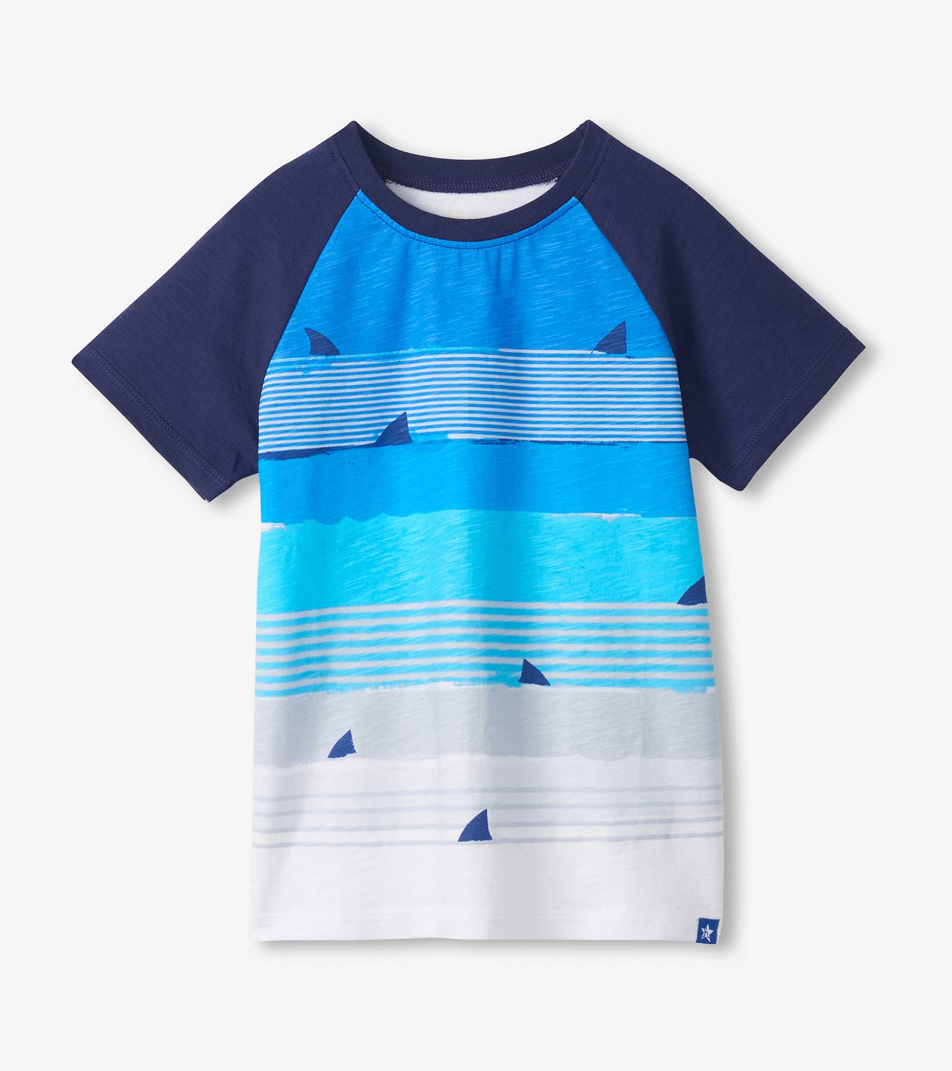 Navy and blue boys raglan T-shirt with striped shark fin pattern, front view
