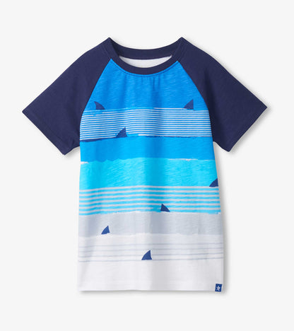 Navy and blue boys raglan T-shirt with striped shark fin pattern, front view