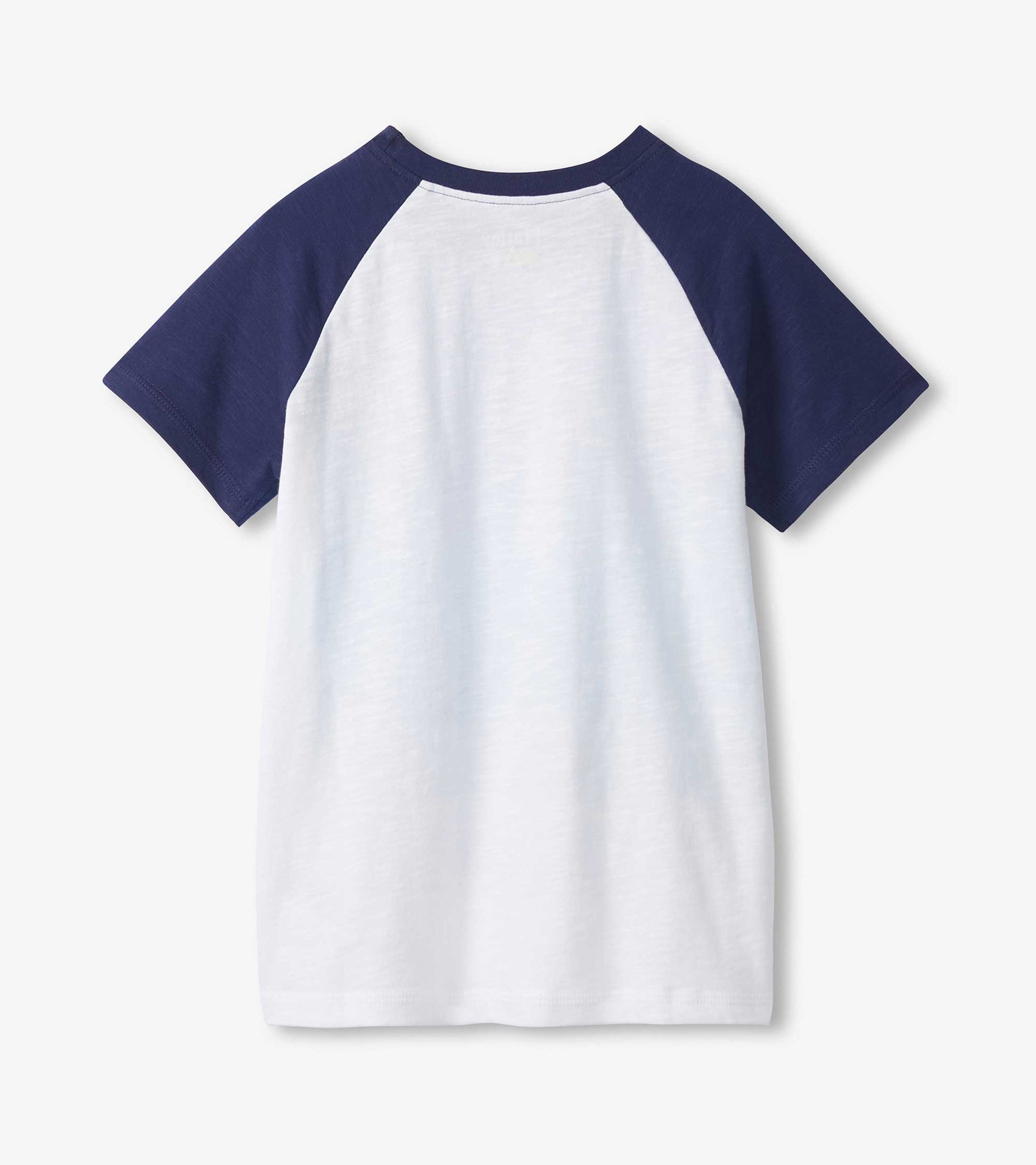 White raglan T-shirt with navy short sleeves and crew neck, front view