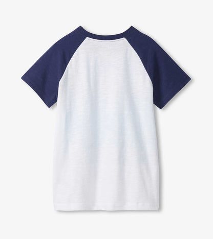 White raglan T-shirt with navy short sleeves and crew neck, front view