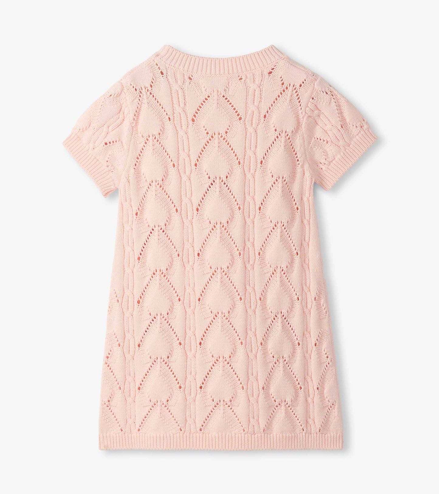 Light pink short-sleeve crochet knit dress with diamond pattern, ribbed neckline and hem, front view