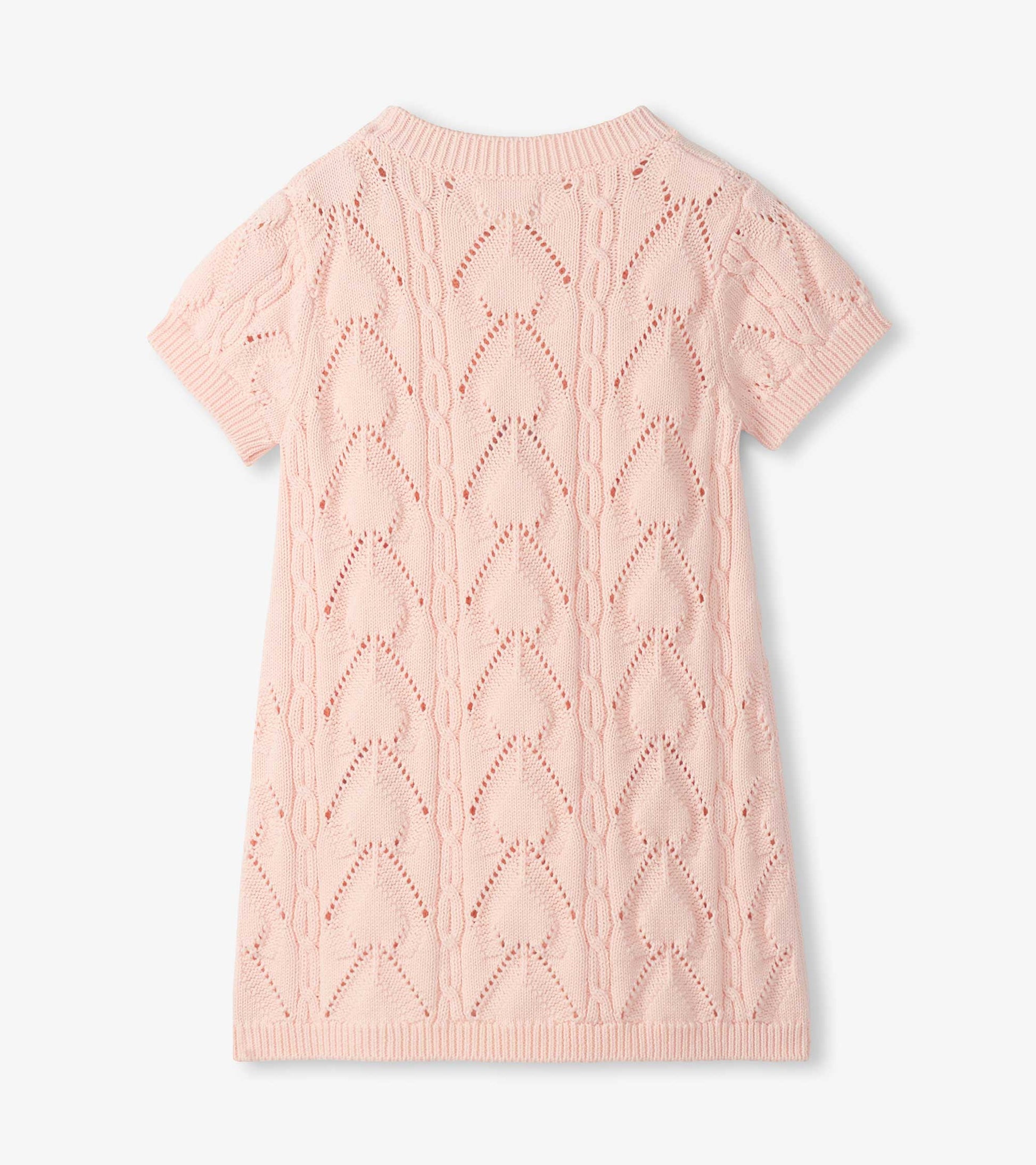 Light pink short-sleeve crochet knit dress with diamond pattern, ribbed neckline and hem, front view