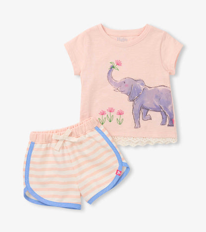 Pink toddler T-shirt and striped shorts set with elephant and flower print, front view