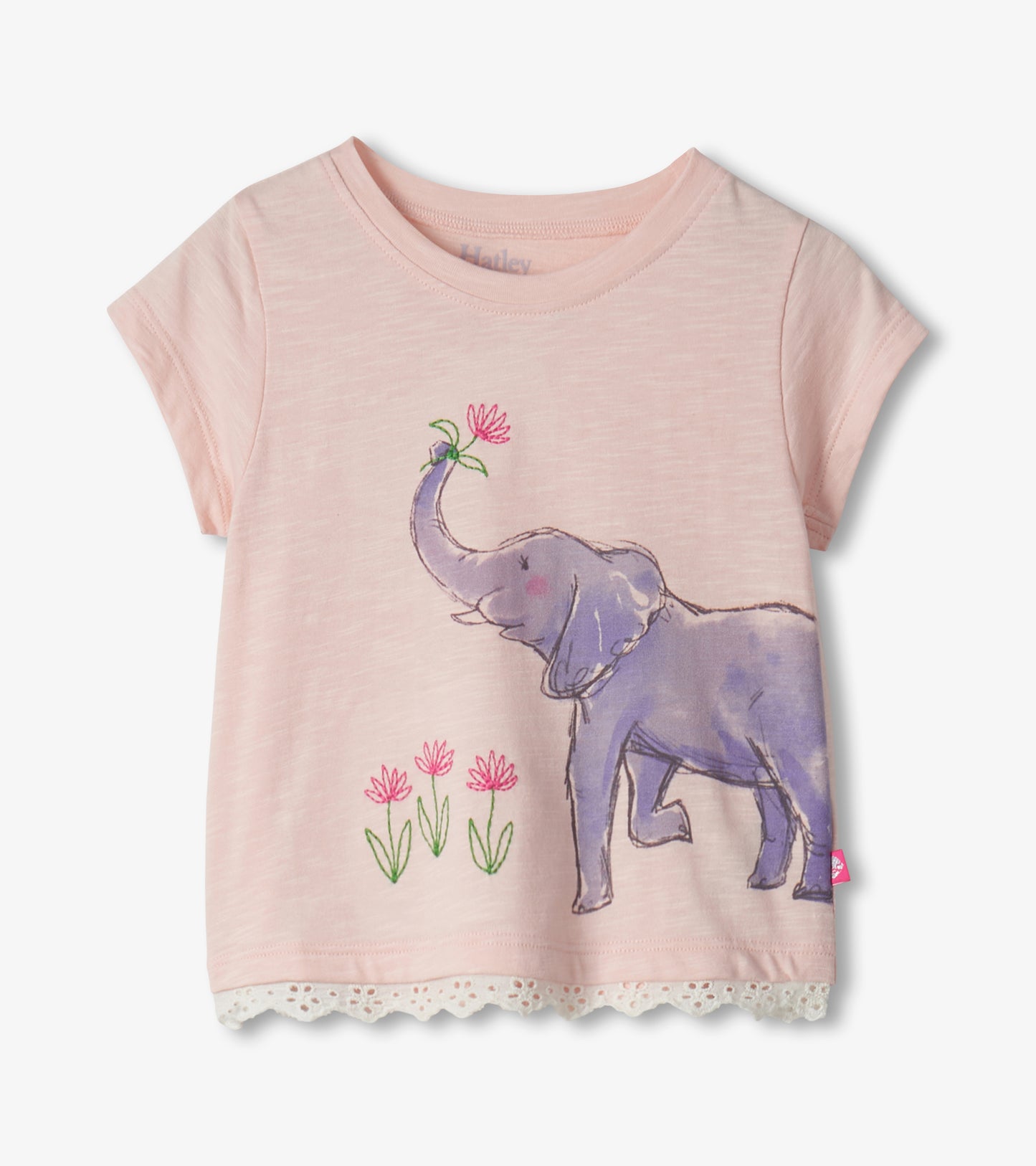 Light pink short-sleeve toddler T-shirt with elephant and flower print, lace hem, front view