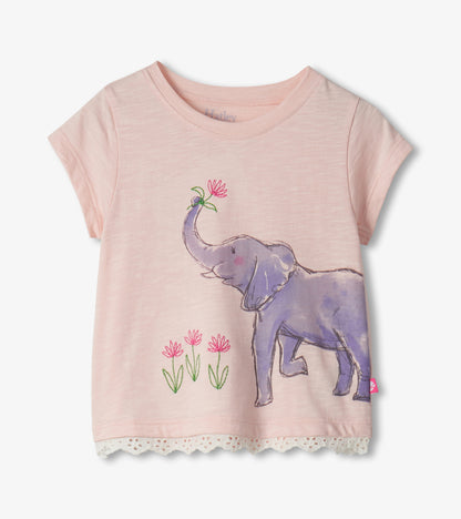 Light pink short-sleeve toddler T-shirt with elephant and flower print, lace hem, front view