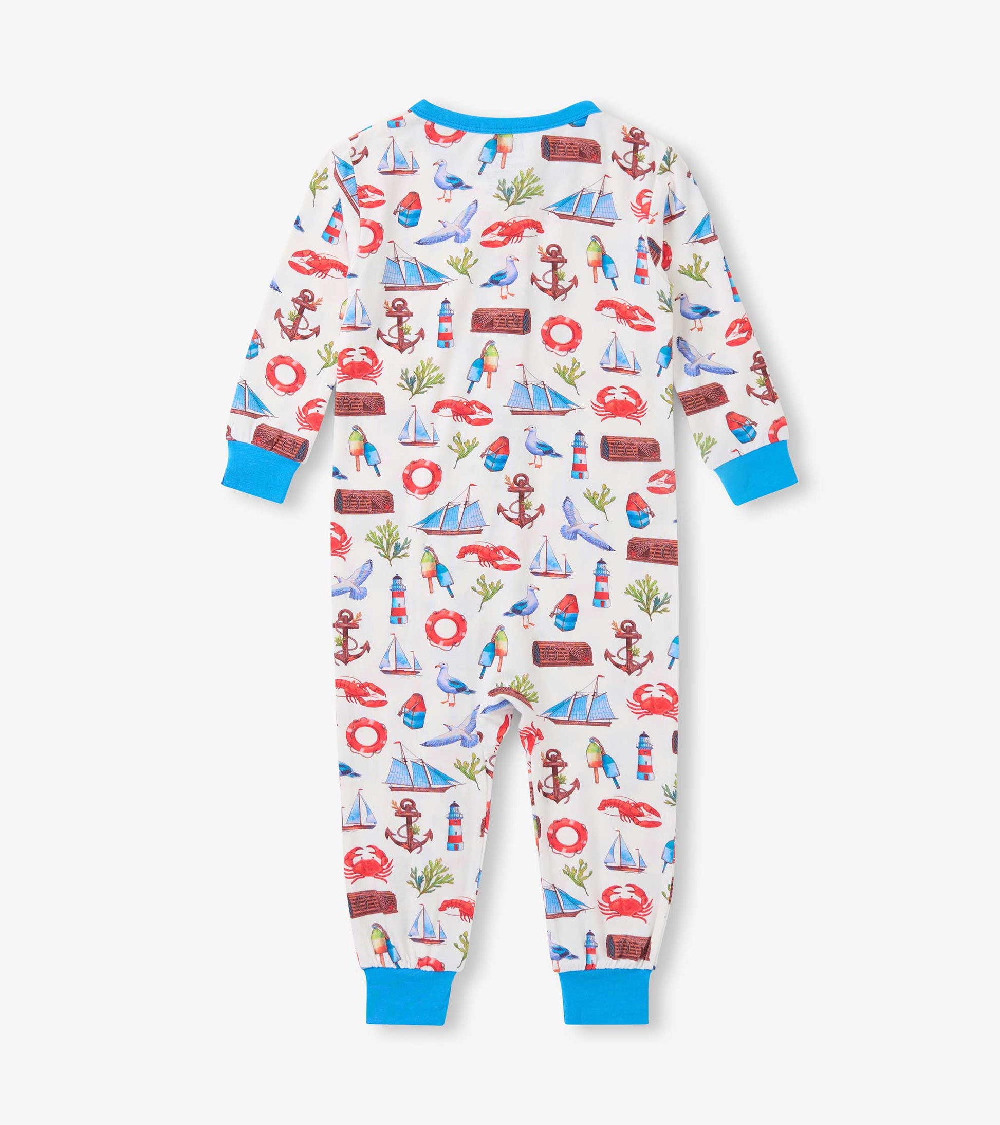 White baby sleeper with colorful seascape print, blue trim, long sleeves, and footed legs, front view