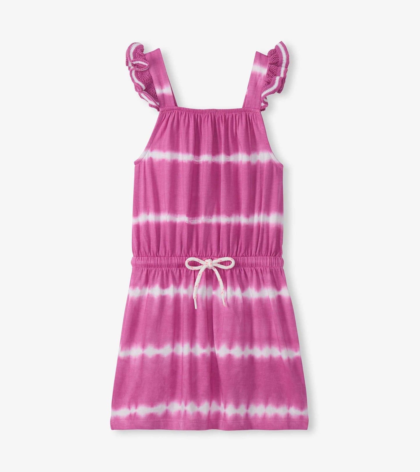 Pink tie-dye girls' dress with crochet ruffle straps and drawstring waist, front view