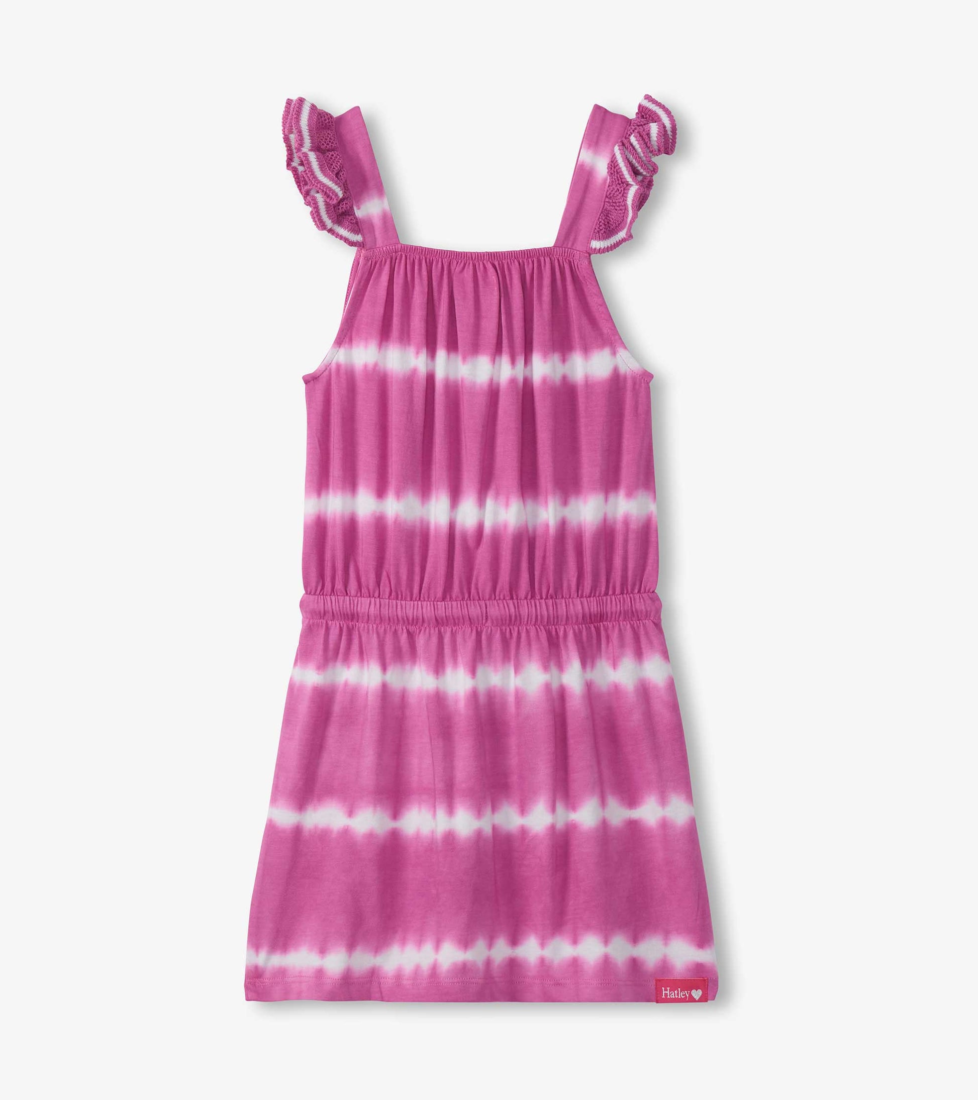 Pink tie-dye girls dress with ruffled crochet shoulder straps, sleeveless front view