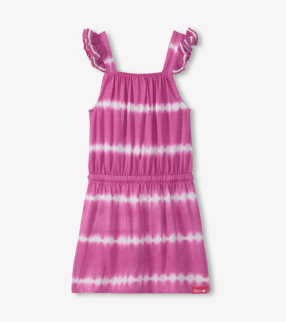 Pink tie-dye girls dress with ruffled crochet shoulder straps, sleeveless front view
