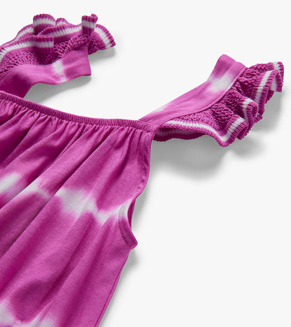 Girls purple tie-dye dress with crochet ruffle sleeves and gathered skirt, close-up view