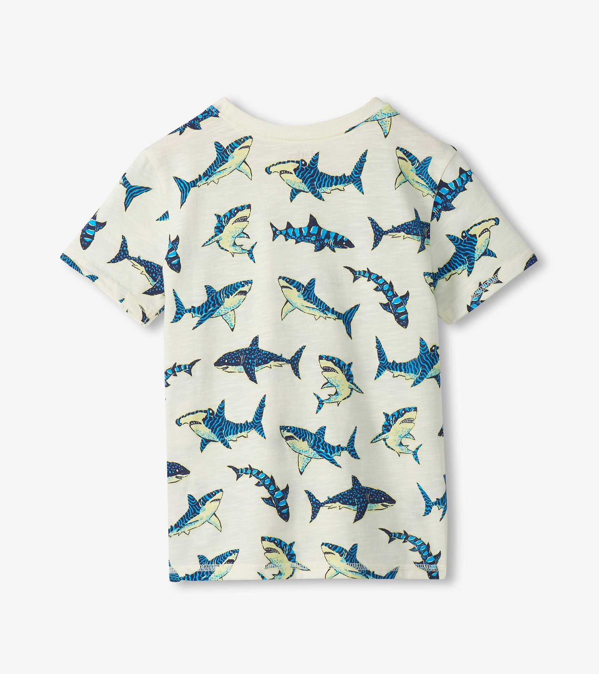 Back view of boys cream short sleeve tee with allover blue shark print
