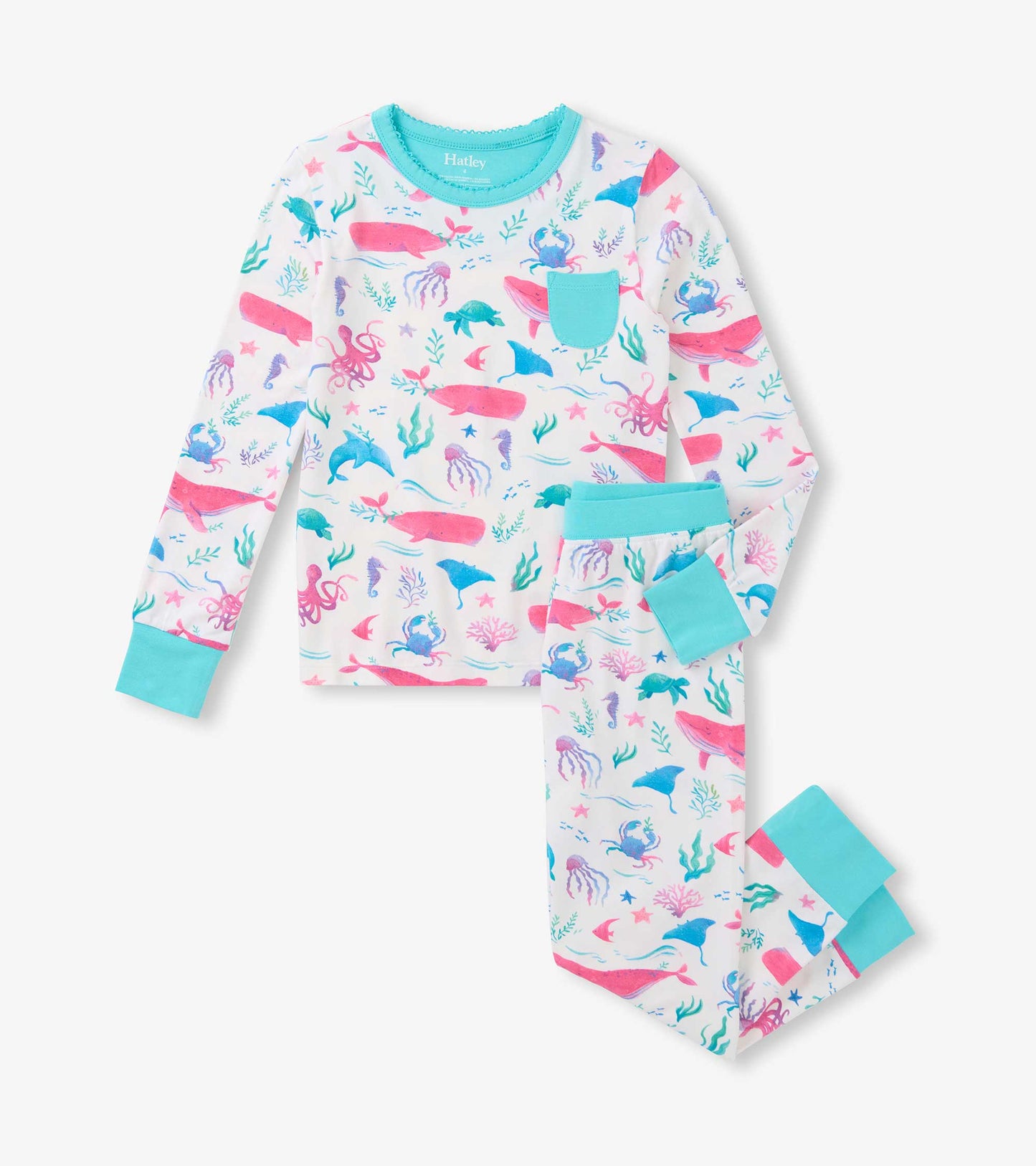 Girls white bamboo pajama set with colorful sea life print and turquoise trim, long sleeves and pants