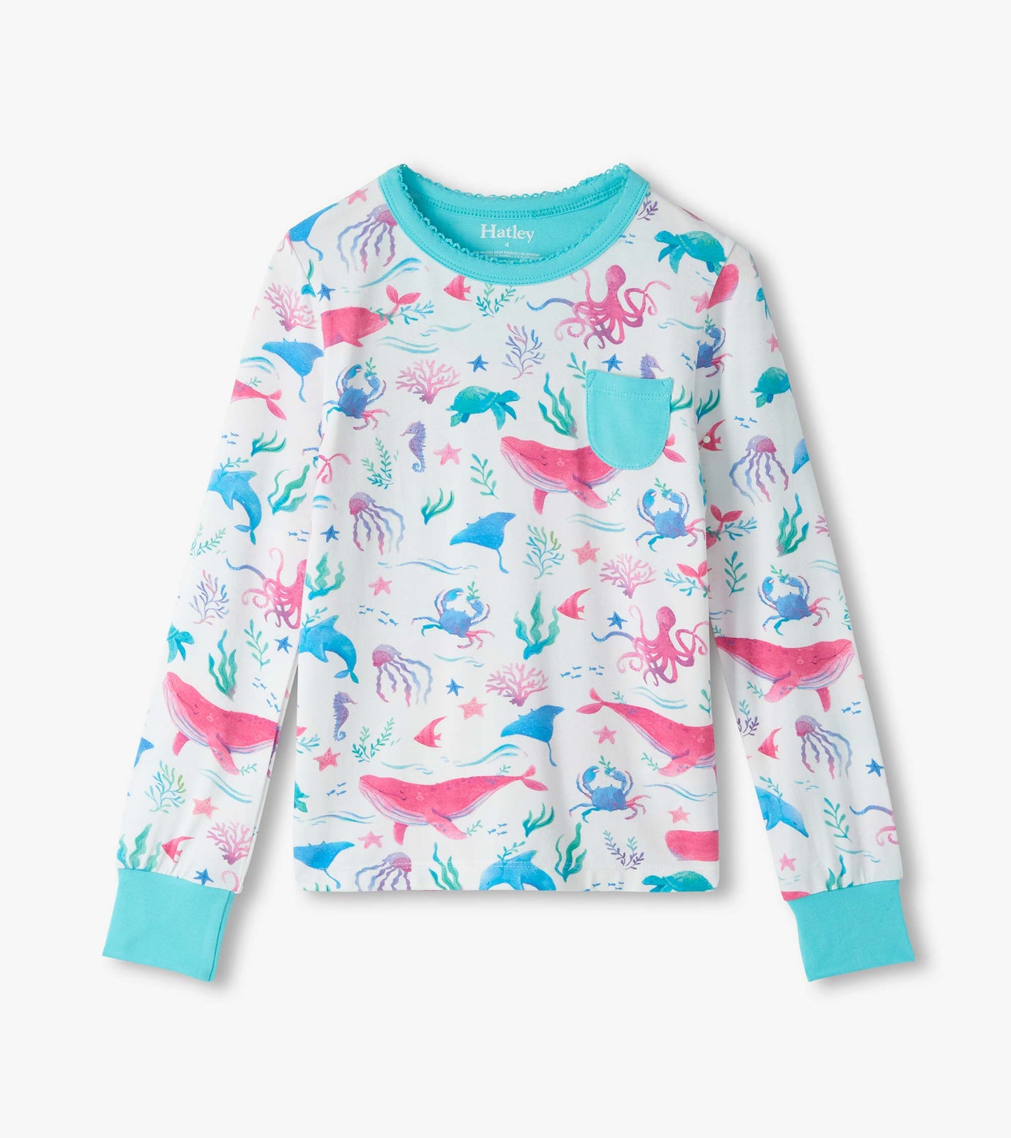Girls white bamboo pajama top with colorful sea life print, turquoise trim, and chest pocket, front view
