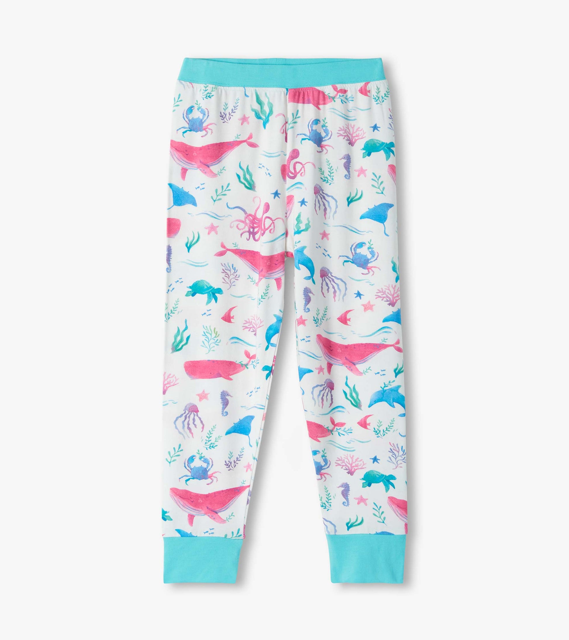 Girls white bamboo pajama pants with colorful sea life print and turquoise cuffs