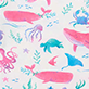 View Girls Painted Sealife Bamboo Short Pajama Set - Pattern of pink fish, blue dolphins, coral, seashells, and starfish on a white background