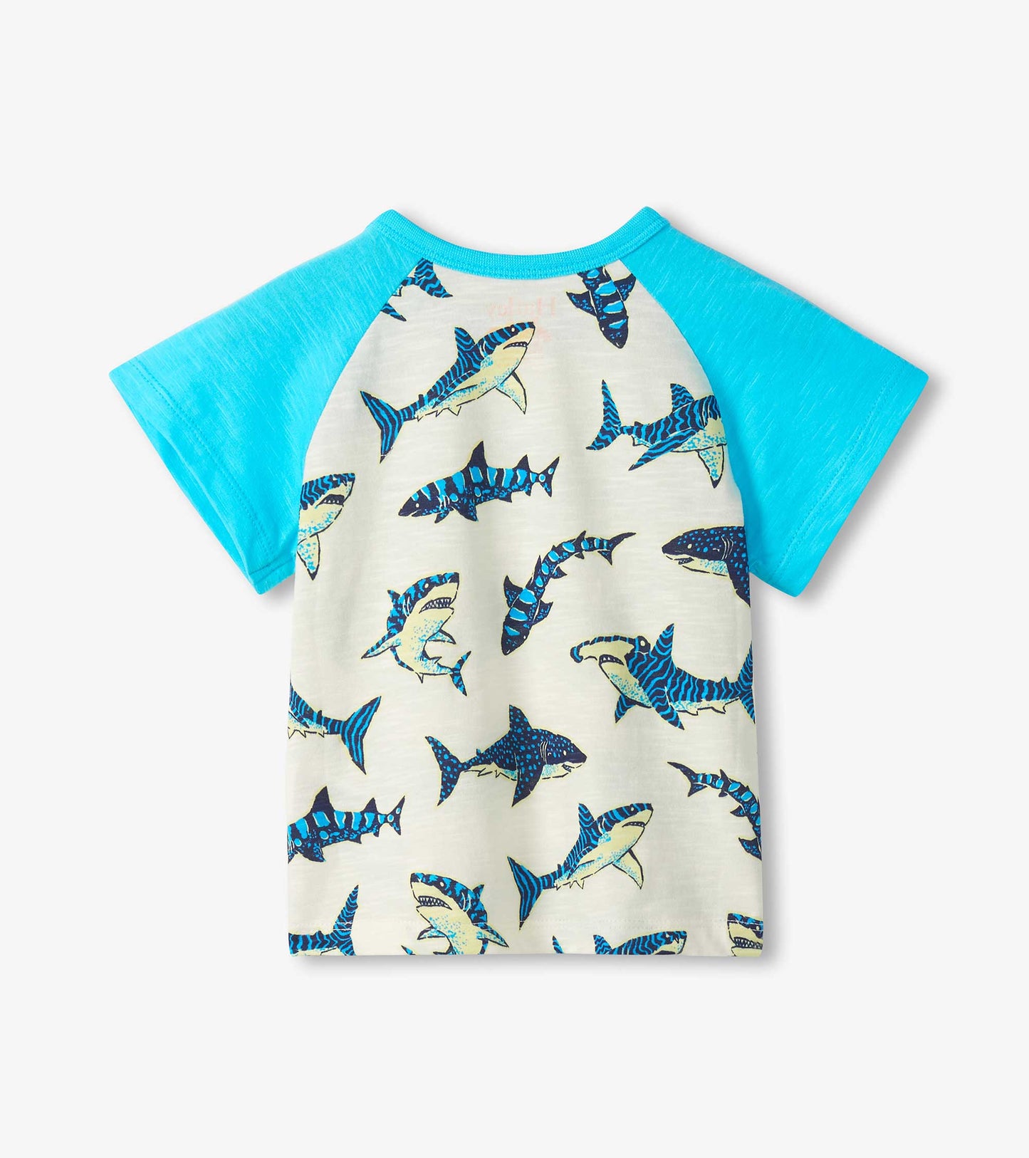 Front view of a boys' raglan T-shirt with turquoise sleeves and cream shark print body, short sleeves.