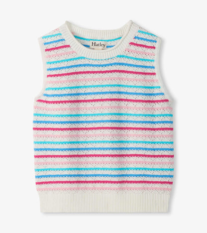 Girls white crochet tank top with pink, blue, and aqua horizontal stripes, front view