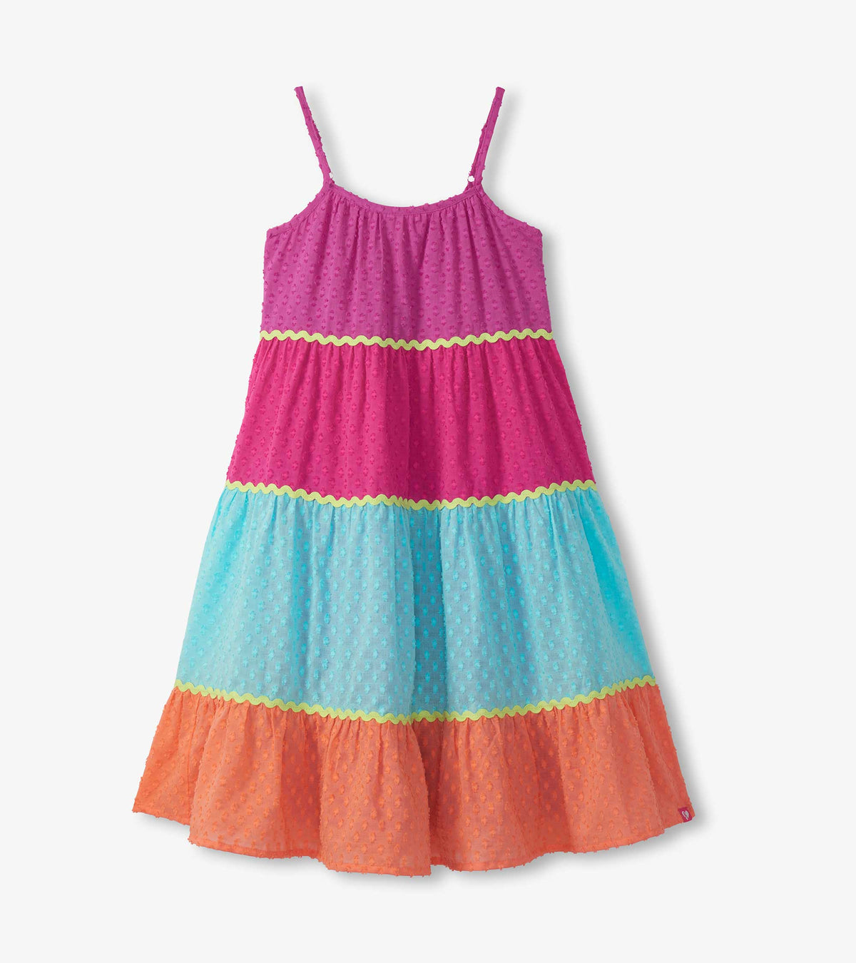 Girls strappy midi dress with pink, turquoise and coral color block tiers and yellow wavy trim
