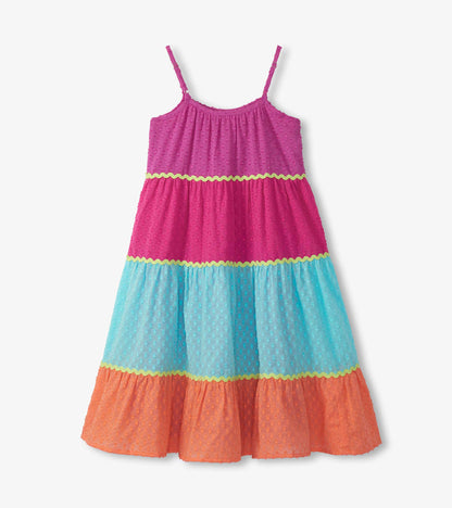 Front view of girls midi dress with thin straps and pink, turquoise and coral tiered color blocks