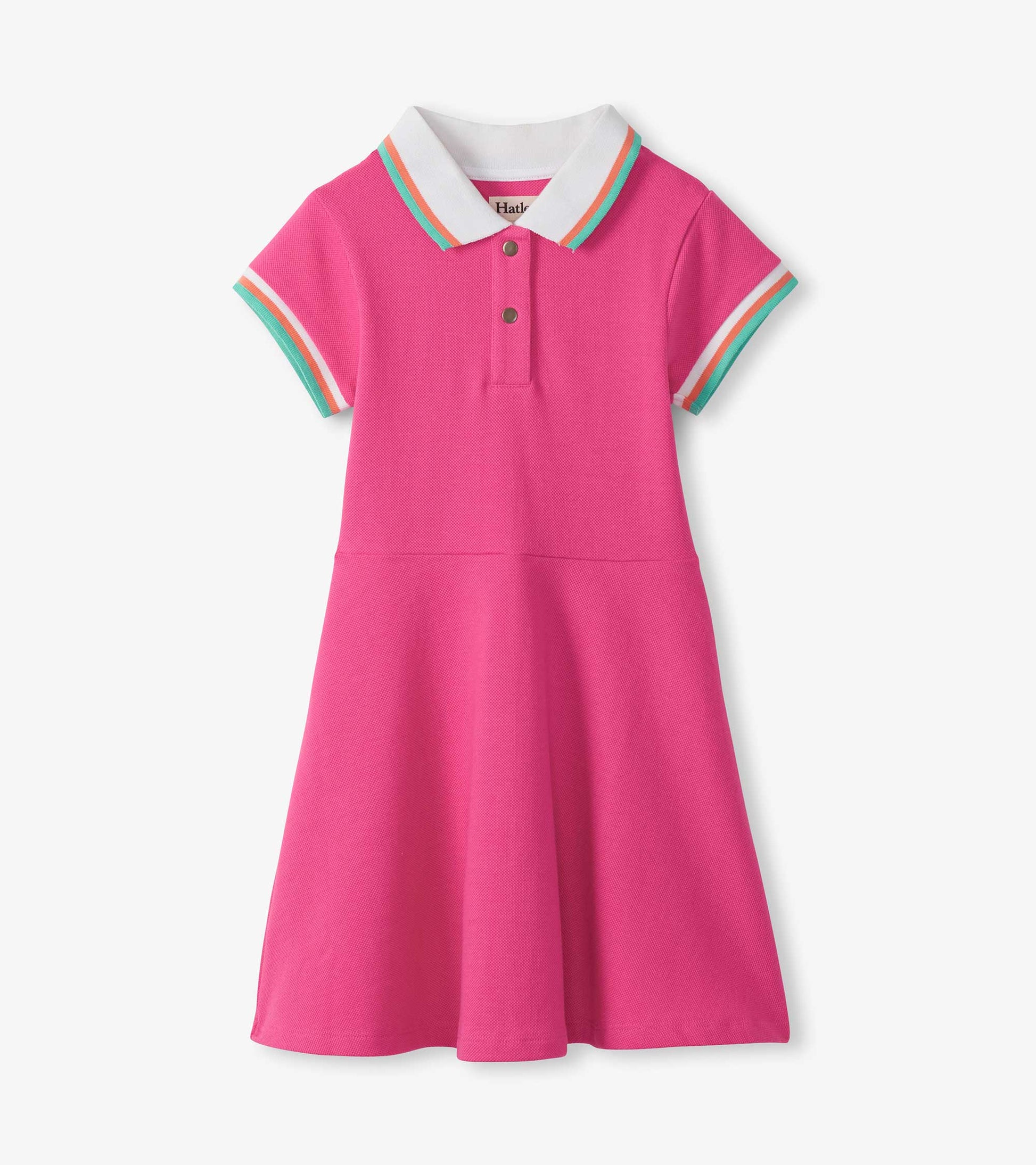 Pink short-sleeve polo dress with white collar, striped trim, and button placket, front view